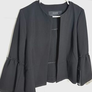 Zara Basic Womens Large Black Blazer Jacket Bell Sleeve Ruffle Open Front NWT